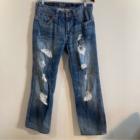 AFFLICTION Sz 33 Cooper Distressed Straight Leg Rubber Logo Patch Jeans - Picture 1 of 16